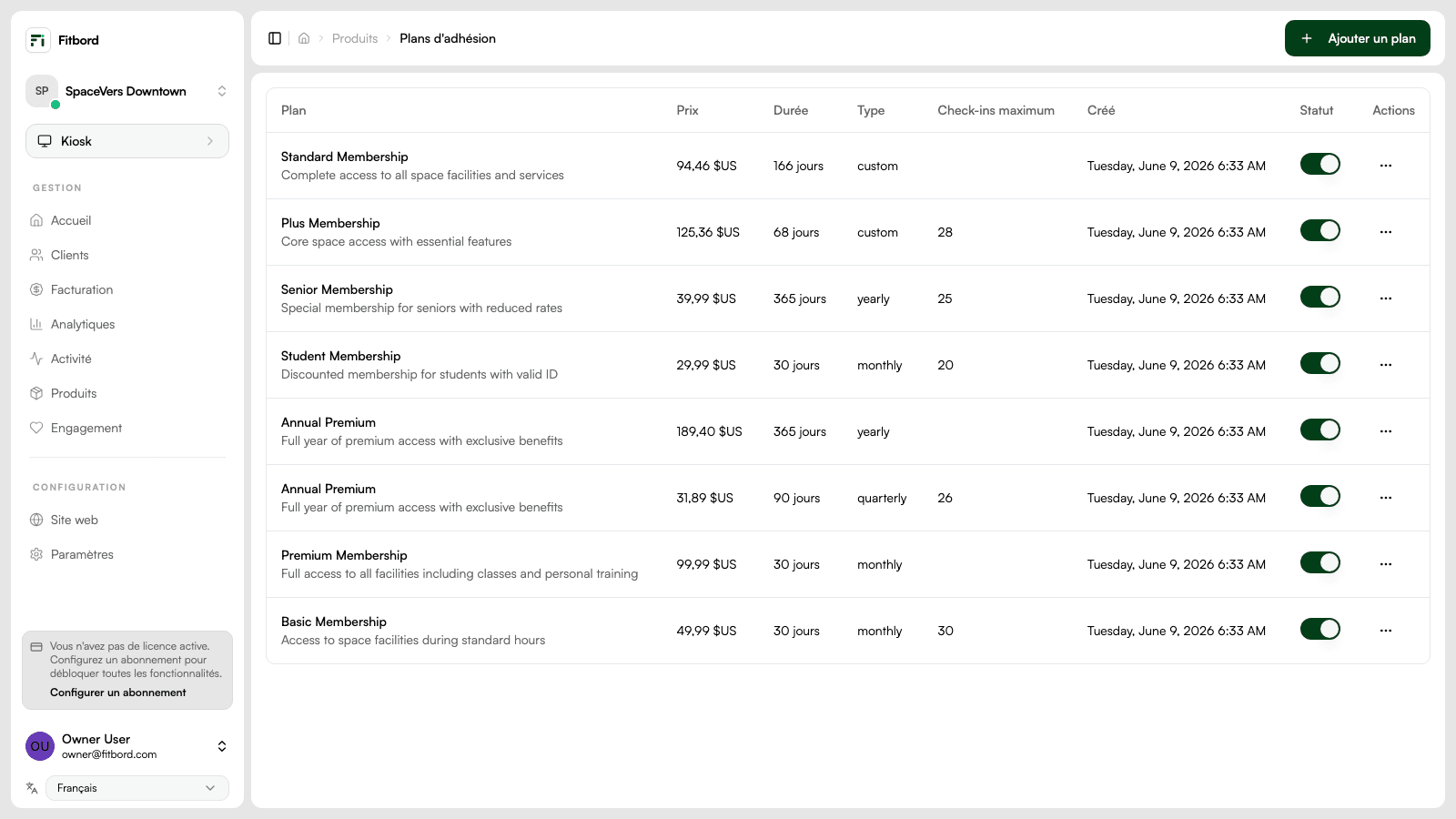 Fitbord — formules et abonnements